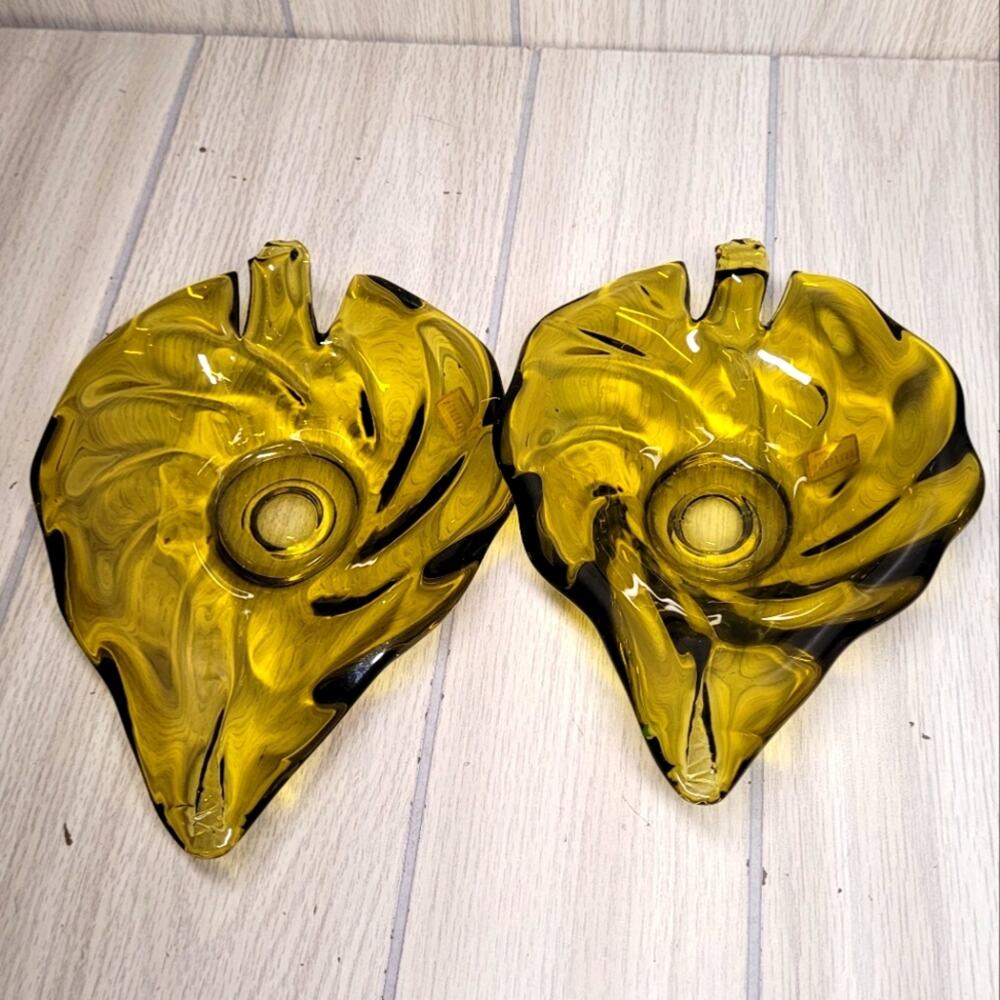 Vintage Noleans Italy Avacado Green Glass Leaf Candy Dish Candle Holder Set READ